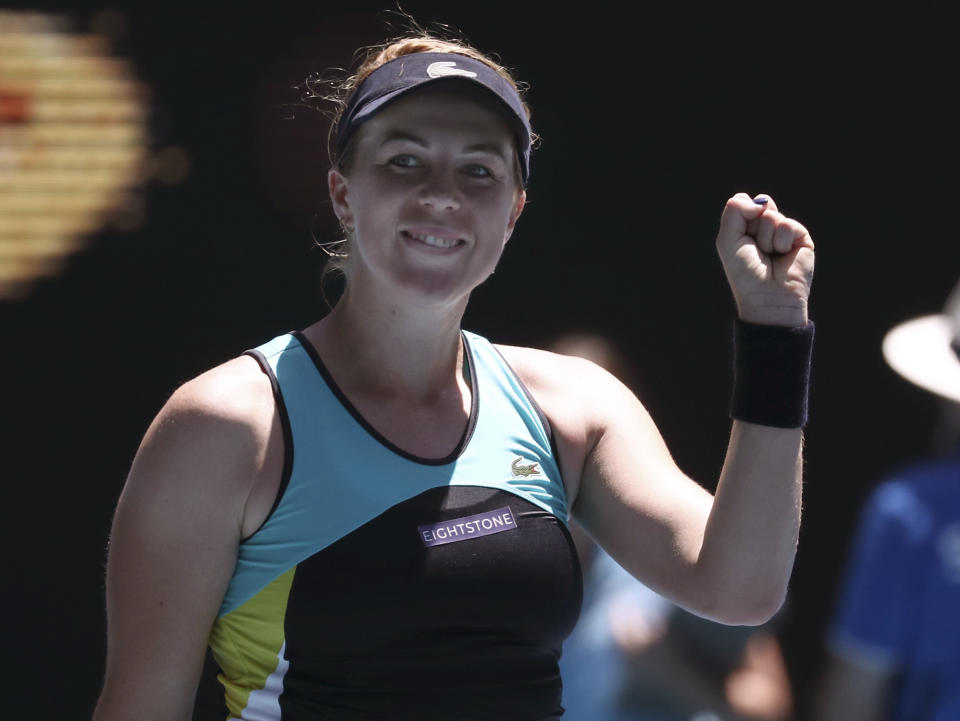 Russia's Anastasia Pavlyuchenkova celebrates after defeating Karolina Pliskova of the Czech Republic in their third round singles match at the Australian Open tennis championship in Melbourne, Australia, Saturday, Jan. 25, 2020. (AP Photo/Dita Alangkara)