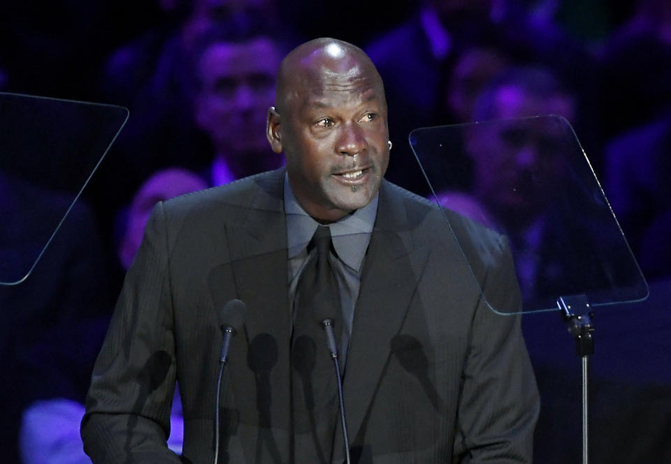 LOS ANGELES, CALIFORNIA - FEBRUARY 24: Michael Jordan speaks during The Celebration of Life for Kobe & Gianna Bryant at Staples Center on February 24, 2020 in Los Angeles, California. (Photo by Kevork Djansezian/Getty Images)