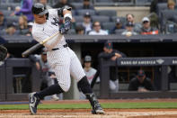 New York Yankees' Aaron Judge hits an RBI double in the third inning of a baseball game against the Detroit Tigers, Saturday, May 4, 2024, in New York. (AP Photo/Mary Altaffer)