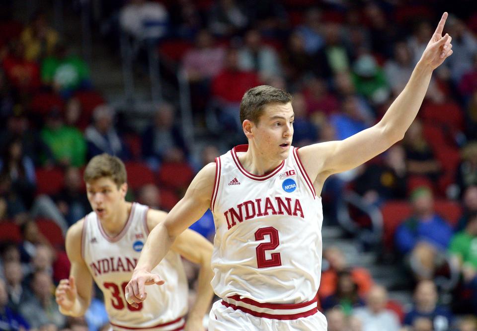 Indiana Hoosiers guard Nick Zeisloft (2) reacts after a play during the first half against the Chattanooga Mocs in the first round of the 2016 NCAA Tournament at Wells Fargo Arena.