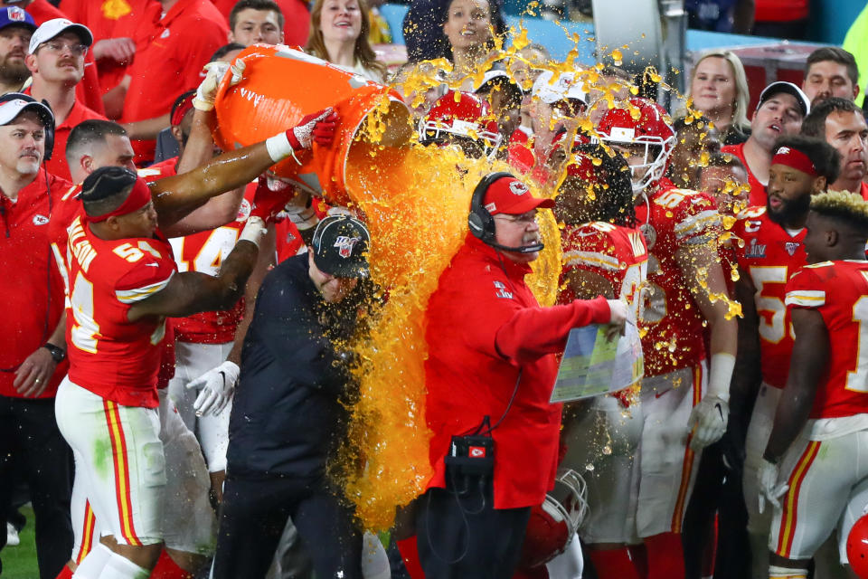 Kansas City Chiefs coach Andy Reid gets orange Gatorade poured on him after winning Super Bowl LIV. (Photo by Rich Graessle/PPI/Icon Sportswire via Getty Images)