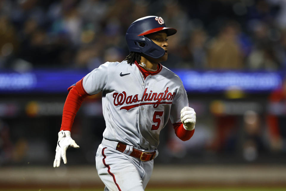 Washington Nationals' CJ Abrams runs the bases after hitting a grand slam against the New York Mets during the eighth inning of a baseball game Thursday, April 27, 2023, in New York. (AP Photo/Noah K. Murray)