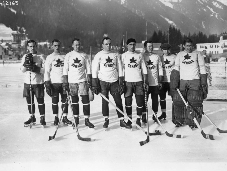 The Canadian ice hockey team after their victory (winning the final 6-1) over the United States in the final of the men's ice hockey event of the 1924 Winter Olympics, at the Stade Olympique de Chamonix in Chamonix, France, February 3, 1924. Canada was represented by amateur ice hockey team Toronto Granites at the Games.