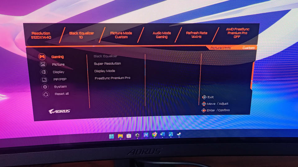 Aorus CO49DQ 49 inch QD-OLED monitor OSD