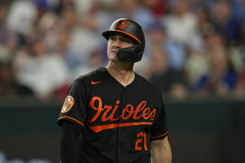 FILE - Baltimore Orioles' Austin Hays heads to the dugout after striking out during the seventh inning of Game 3 of an American League Division Series baseball game in Arlington, Texas, Tuesday, Oct. 10, 2023. Hays and the Orioles argued the first of 18 scheduled salary arbitration cases, with the All-Star outfielder asking a three-person panel for $6.3 million on Tuesday, Jan. 30, 2024, and the team arguing for $5.85 million. (AP Photo/Julio Cortez, File)