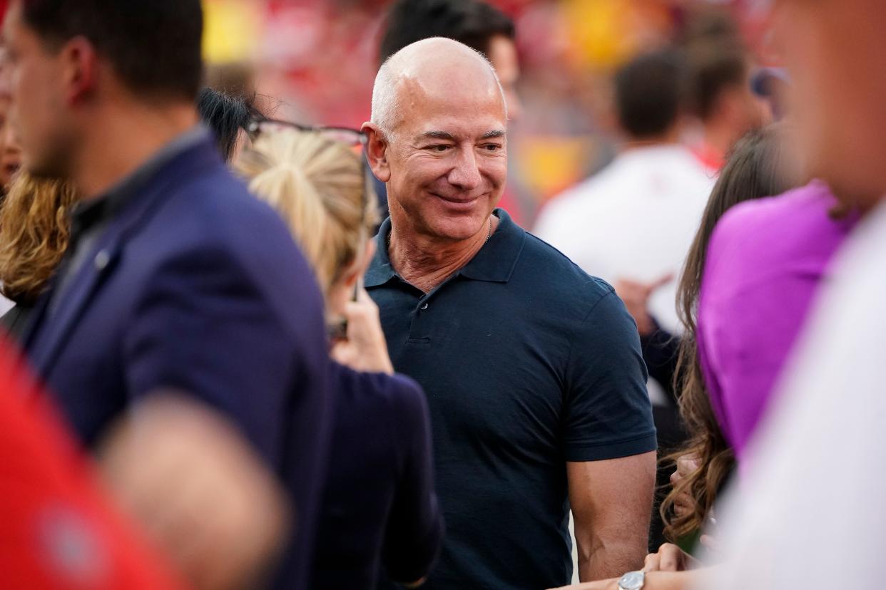 Former Amazon CEO Jeff Bezos attends a game between the Kansas City Chiefs and the Los Angeles Chargers at GEHA Field at Arrowhead Stadium in Kansas City, Missouri, on September 15, 2022.