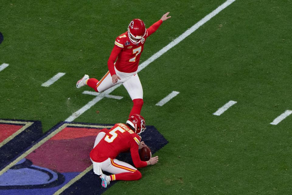 Harrison Butker kicking at Super Bowl LVIII