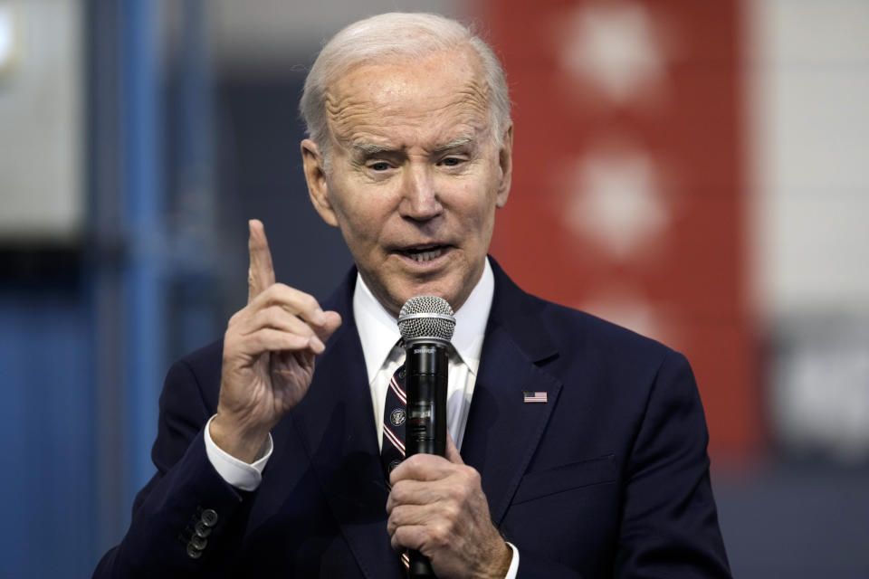 President Joe Biden speaks about his 2024 proposed budget at the Finishing Trades Institute, Thursday, March 9, 2023, in Philadelphia. Biden's federal budget is a statement of his values. It's a governing philosophy that believes the wealthy and large corporations should pay more taxes to help stem deficits and lift Americans toward middle class stability. (AP Photo/Matt Rourke)