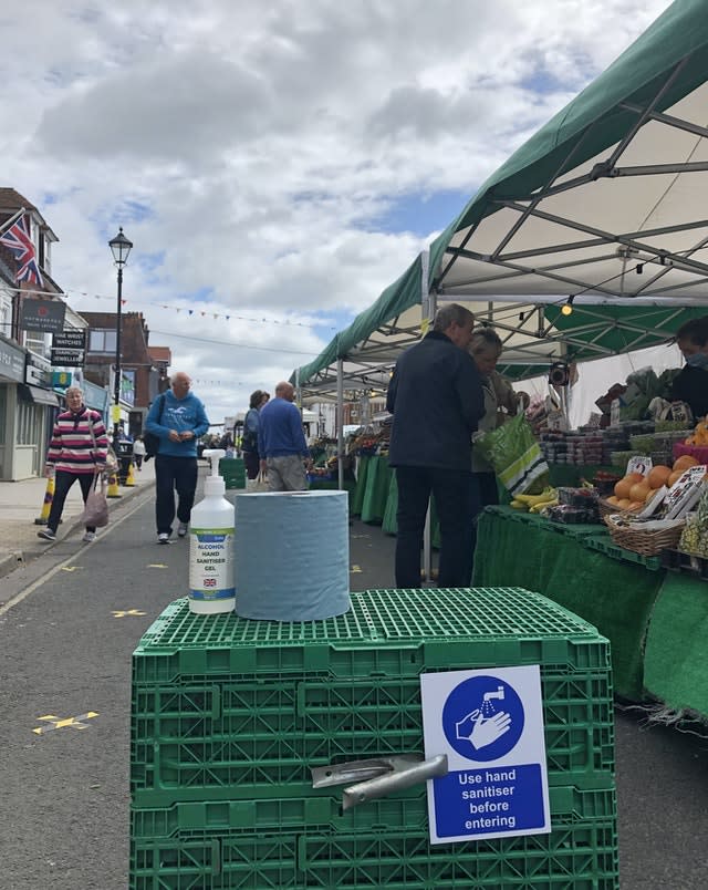 A hand sanitiser dispenser at the Saturday market in Lymington (