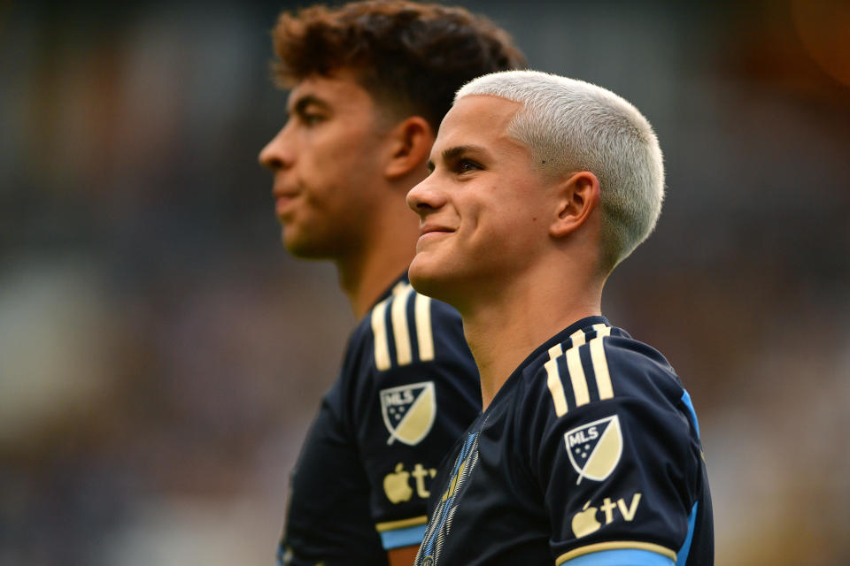 Jul 17, 2024; Philadelphia, Pennsylvania, USA; Philadelphia Union midfielder Quinn Sullivan (rear) and midfielder Cavan Sullivan (6) look on before the game against the New England Revolution at Subaru Park. Mandatory Credit: Caean Couto-USA TODAY Sports