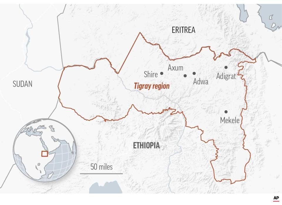 Map of the Tigray region in Ethiopia. More than 4.5 million people, or nearly the entire population, need emergency food.