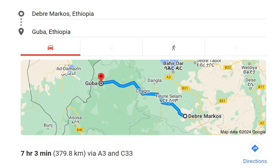 <span>Screenshot of a Google Map showing distance between Debre Markos and Guba, taken on March 26, 2024. </span>