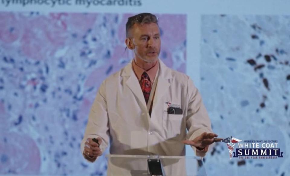 Dr. Ryan Cole, a pathologist who is president of a medical laboratory in Garden City and has been nominated to be the physician on the Central District Health board, addresses the White Coat Summit of the group America’s Frontline Doctors on July 27 in San Antonio, Texas.