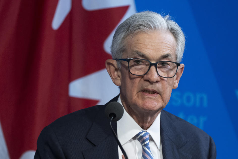 Federal Reserve Chairman Jerome Powell participates in a Washington forum on the Canadian economy, with Tiff Macklem, Governor of the Bank of Canada, Wednesday, April 16, 2025, in Washington.  (AP Photo/Manuel Balce Ceneta)