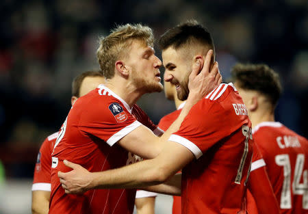 Soccer Football - FA Cup Third Round - Nottingham Forest vs Arsenal - The City Ground, Nottingham, Britain - January 7, 2018 Nottingham Forest's Ben Brereton celebrates scoring their third goal with Joe Worrall. Action Images via Reuters/Carl Recine