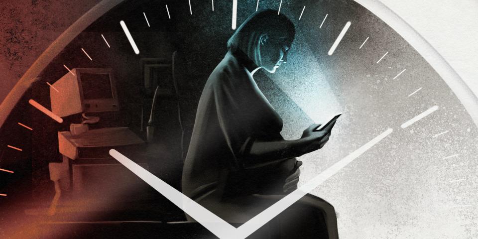 An illustration of a woman looking at her phone in front of a clock