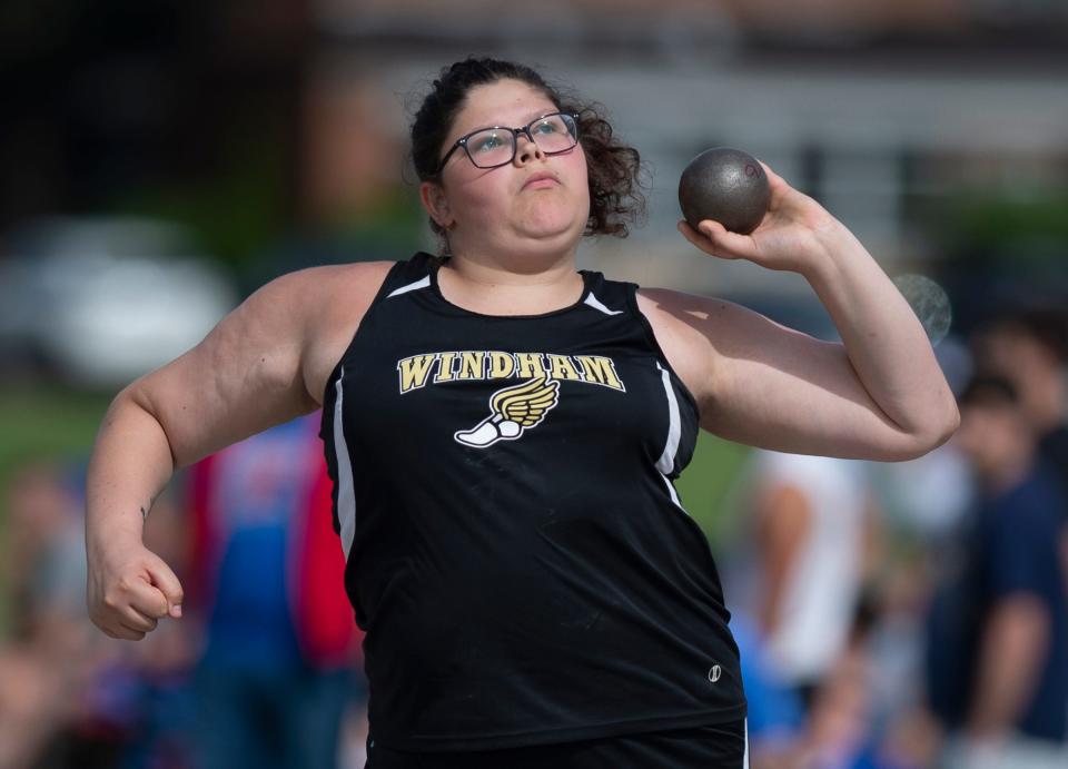 Region 9 Division III preliminary and field event finals hosted by Perry High School in Massillon on Wedneday, May 25. Windham's Hannah Murton throws shot put.