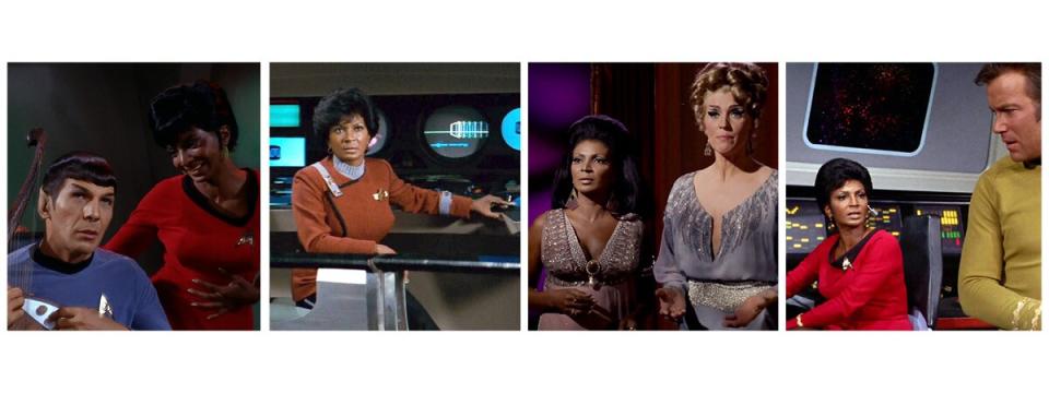 Four panels of photos of the same woman in different movie and TV roles