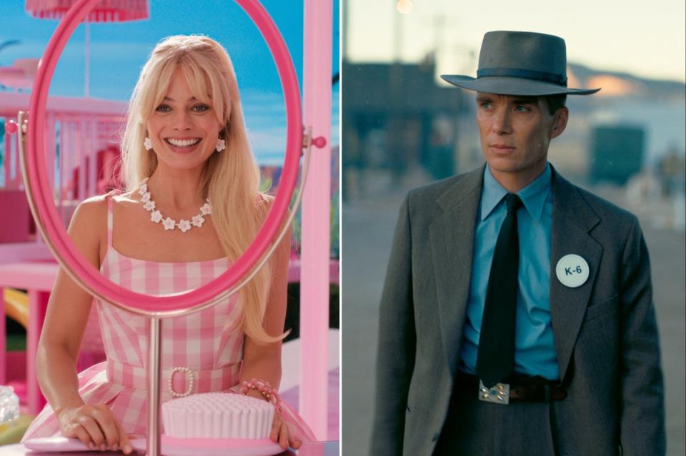 Margot Robbie in Barbie and Cillian Murphy in Oppenheimer (Warner Bros Pictures / Universal Pictures via AP)