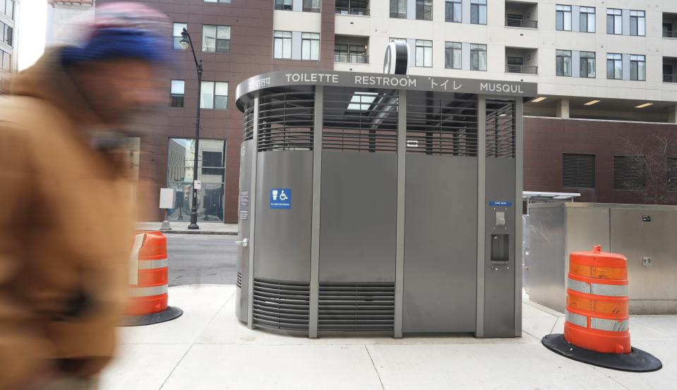 Jan 2, 2024; Columbus, Ohio, USA; The city of Columbus, using federal COVID-relief money, has allocated more than $2 million to install three public restroom units on Downtown sidewalks like this one on W. Long St. These are stainless steel, permanent structures with running water that and installed in such a way as to keep them from freezing in the winter so they can be used year-round.