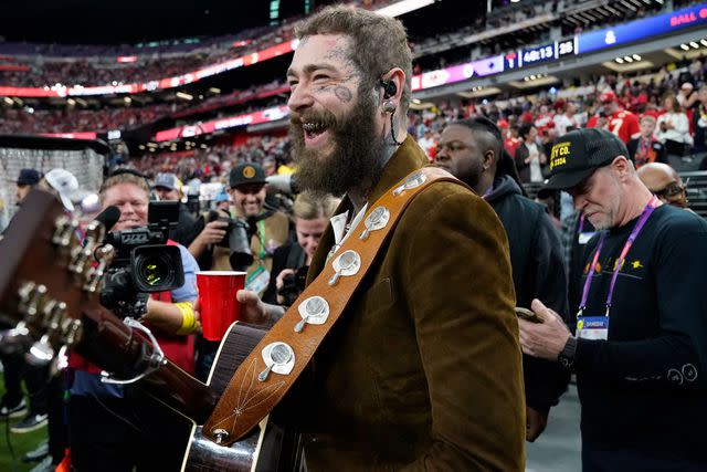 <p>TIMOTHY A. CLARY/AFP via Getty</p> Post Malone after performing prior to Super Bowl LVIII between the San Francisco 49ers and Kansas City Chiefs at Allegiant Stadium on Feb. 11, 2024 in Las Vegas