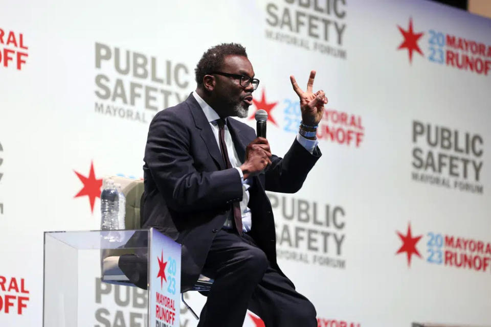 Chicago mayoral candidate Brandon Johnson participates in a public safety forum in Chicago, Tuesday, March 14, 2023. (AP Photo/Teresa Crawford)