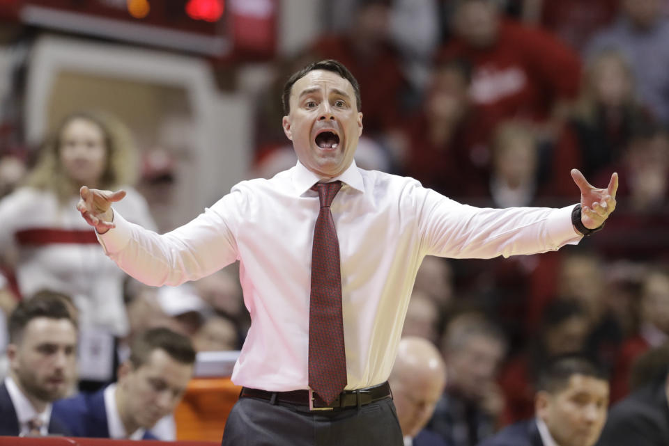 Indiana coach Archie Miller shouts during the second half of the team's NCAA college basketball game against Florida State, Tuesday, Dec. 3, 2019, in Bloomington, Ind. Indiana won 80-64. (AP Photo/Darron Cummings)