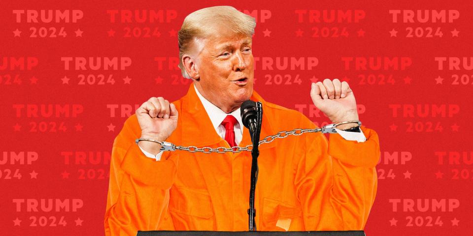 Donald Trump handcuffed and in an orange prison jumpsuit speaking at a podium with "Trump 2024" repeated on a red background