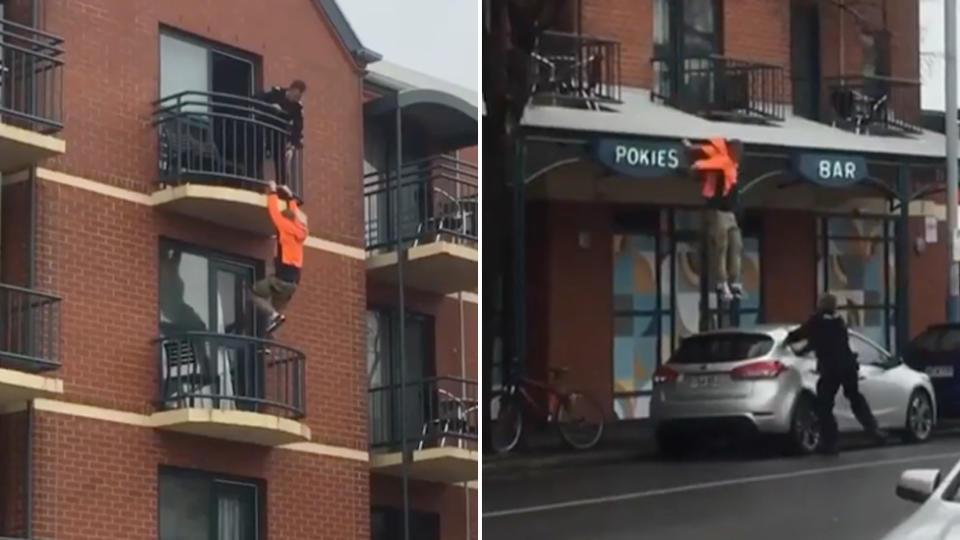 A man wearing high-vis clothing has scaled down a three-storey building in Adelaide in an attempt to evade police.