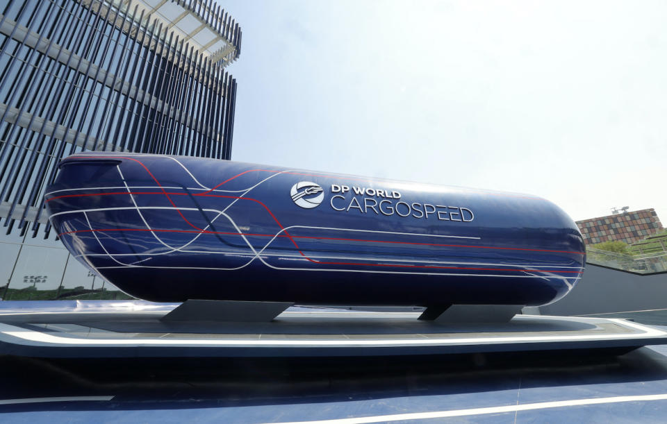 A model of a cargo hyperloop (ultra-high-speed ground transportation) by UAE's company DP World is pictured at Dubai's Expo 2020, on October 10, 2021. (Photo by GIUSEPPE CACACE / AFP) (Photo by GIUSEPPE CACACE/AFP via Getty Images)