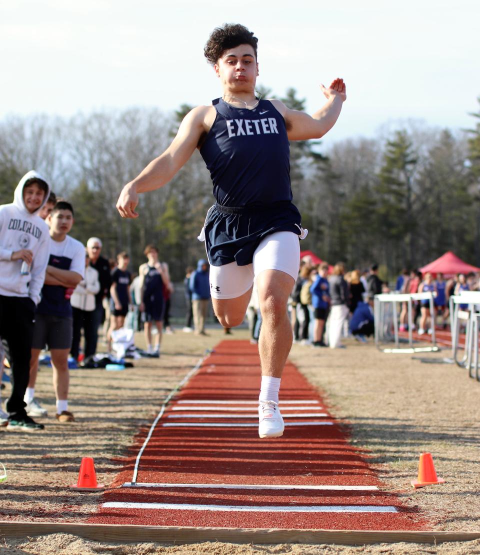 Exeter's Michael Dettore took first in both the long jump (20-2) and triple jump (40-4.5) at Tuesday's season-opening tri-meet with Portsmouth and Winnacunnet.