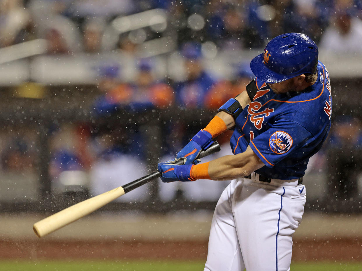 NEW YORK, NY - MAY 28: Jeff McNeil #1 of the New York Mets connects for a three-run home run in the bottom of the fourth inning against the Philadelphia Phillies at Citi Field on May 28, 2022 in New York City. (Photo by Christopher Pasatieri/Getty Images)