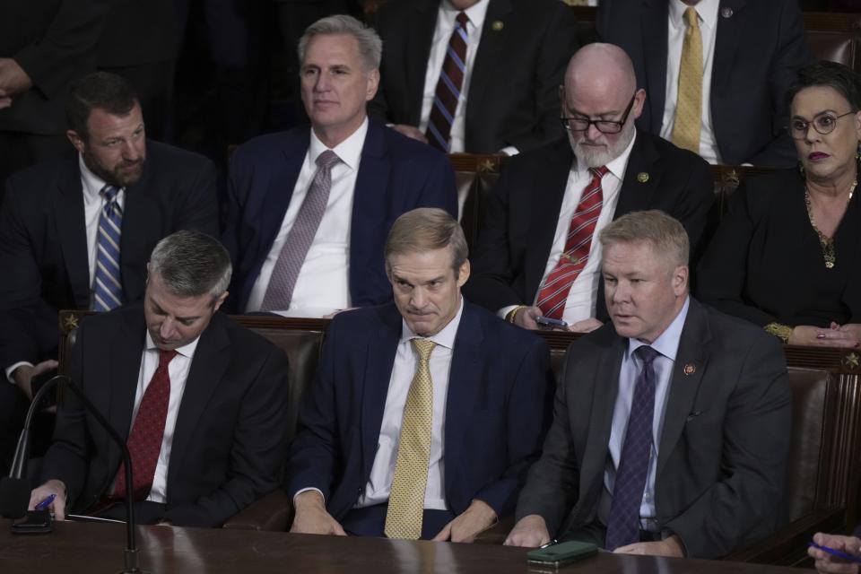 Rep. Jim Jordan, R-Ohio, seated center, listens as the votes are tallied, as the House votes for a new speaker, at the Capitol in Washington, Tuesday, Oct. 17, 2023. | J. Scott Applewhite, Associated Press