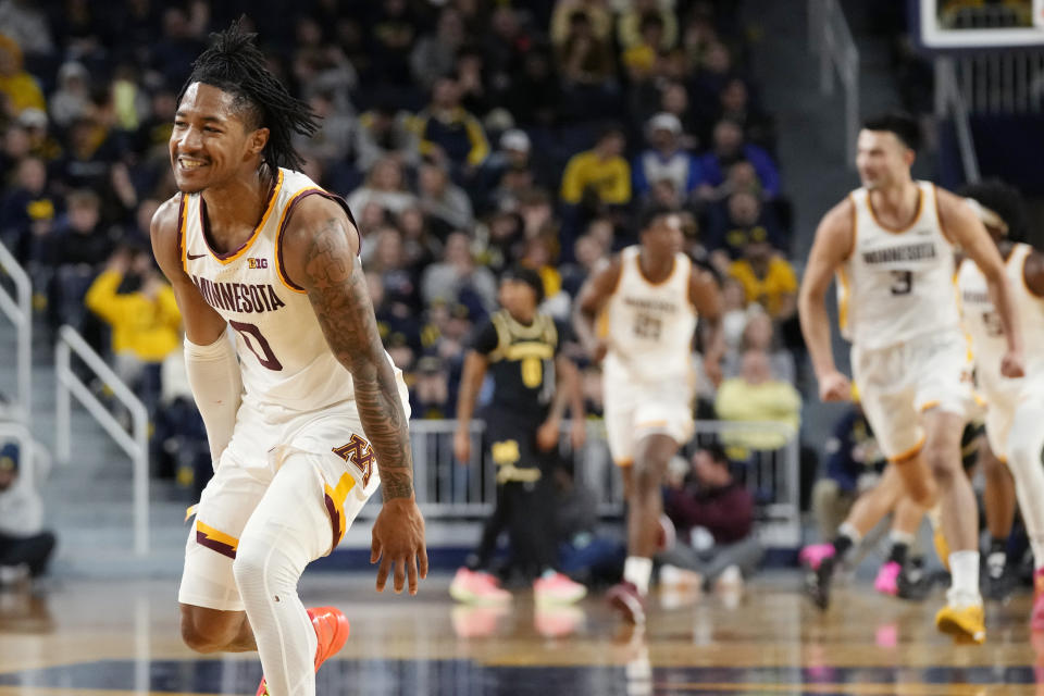 Minnesota guard Elijah Hawkins (0) reacts after a three-point basket during the second half of an NCAA college basketball game against Michigan, Thursday, Jan. 4, 2024, in Ann Arbor, Mich. (AP Photo/Carlos Osorio)