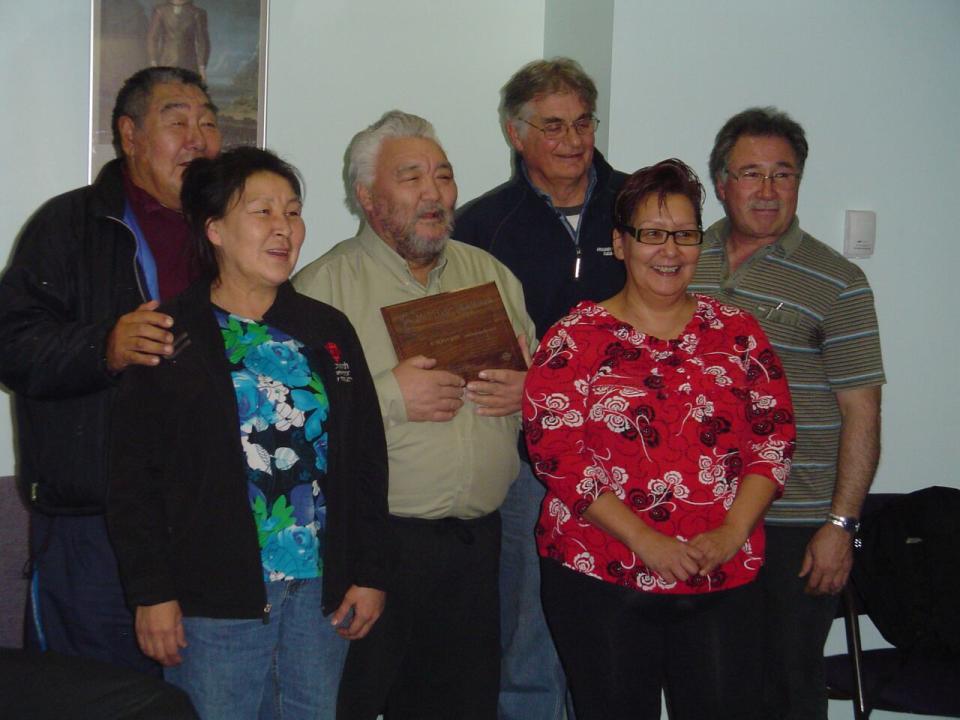 Jonah Kelly, Annie Ford, Jose Kusugak, Whit Fraser, Joanna Awa and William Tagoona in Iqaluit in November 2010 when the Inuit Services Committee presented the Elijah Menarik Award to Kusugak.