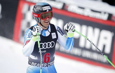 Steven Nyman of the USA after finishing the men's downhill in the FIS alpine skiing World Cup at Beaver Creek Ski Resort. Nyman went on to place third in the competition. Dec 5, 2014; Beaver Creek, CO, USA; Chris Humphreys-USA TODAY Sports