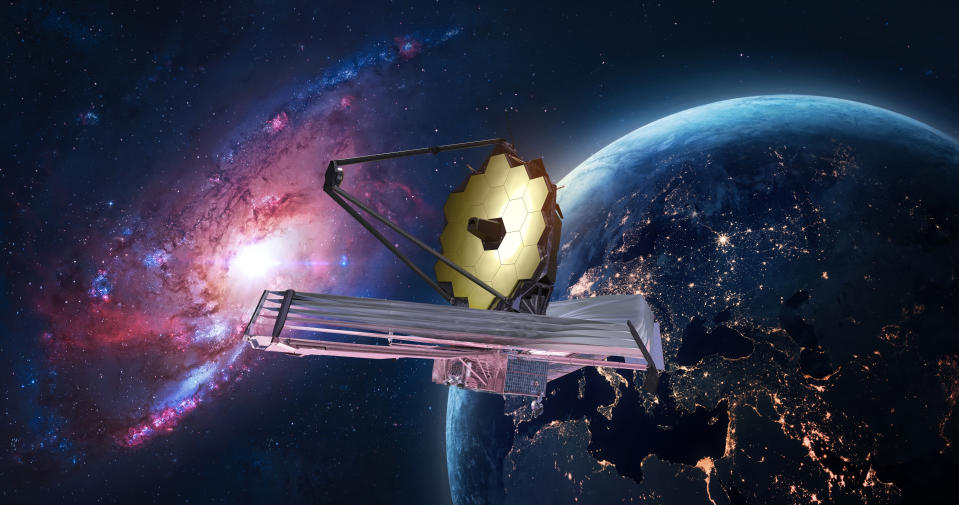 Recreación artística del telescopio espacial James Webb en el espacio observando galaxias lejanas | imagen JWST NASA