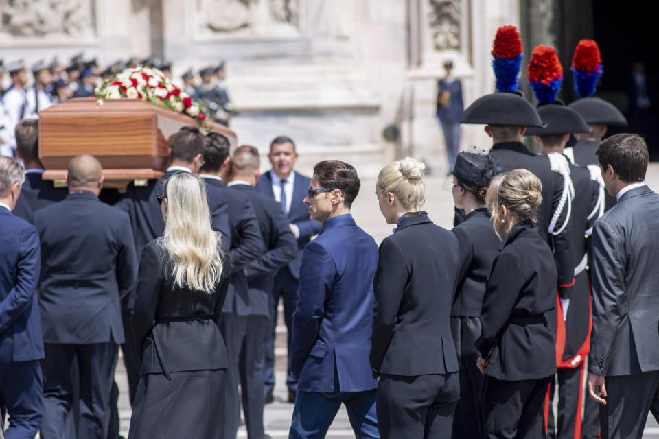 Family members of media mogul and former Italian Premier Silvio Berlusconi, from left, daughter Barbara, son Silvio, partner Marta Fascina, daughters Eleonora and Marina, and son Luigi follow the casket of Silvio Berlusconi during his state funeral at Milan's Cathedral in northern Italy, Wednesday, June 14, 2023. Berlusconi died at the age of 86 on Monday in a Milan hospital where he was being treated for chronic leukemia. (Claudio Furlan/LaPresse via AP)