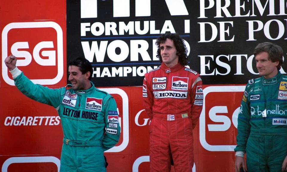 Yvan Capelli (left) celebrates his stunning drive in the 1988 race alongside winner Alain Prost and third placed Thierry Boutsen.