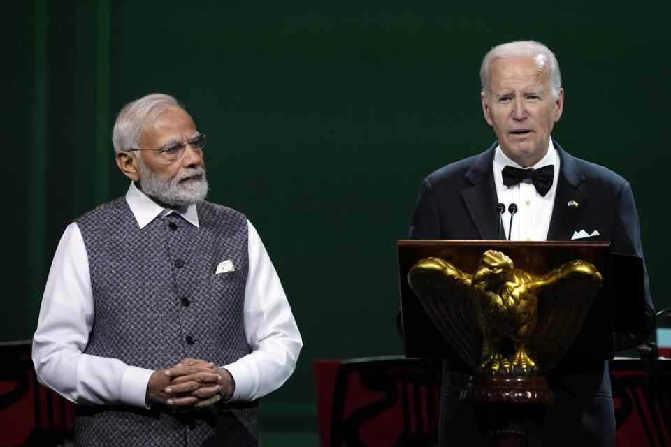 FILE - President Joe Biden speaks as he offers a toast during a State Dinner for India's Prime Minister Narendra Modi at the White House in Washington, Thursday, June 22, 2023. (AP Photo/Susan Walsh, File)