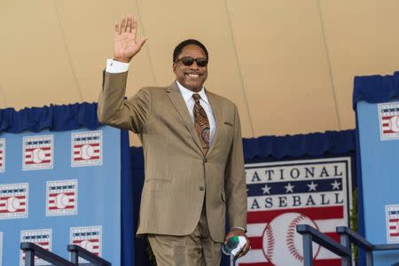 Jul 24, 2016; Cooperstown, NY, USA; Hall of Famer Dave Winfield waves after being introduced during the 2016 MLB baseball hall of fame induction ceremony at Clark Sports Center. Mandatory Credit: Gregory J. Fisher-USA TODAY Sports