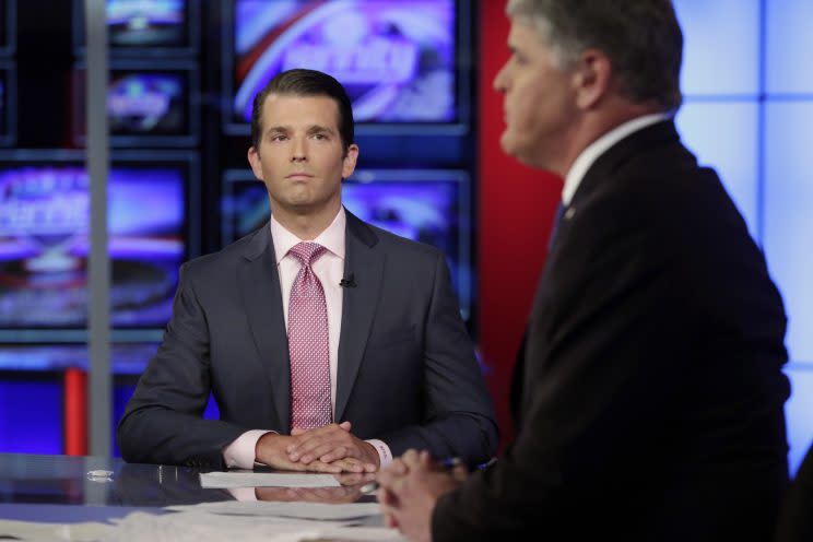 Donald Trump Jr., left, is interviewed by host Sean Hannity on his Fox News Channel television program, in New York Tuesday, July 11, 2017. (Photo: Richard Drew/AP)