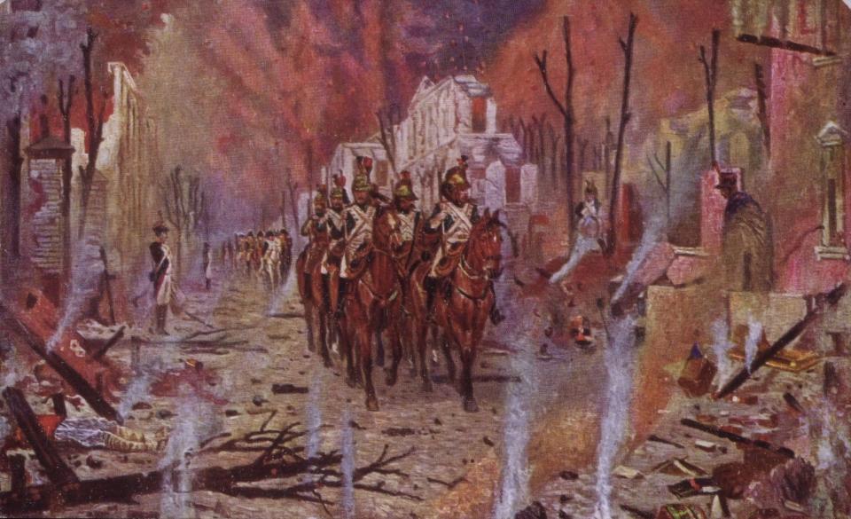 A painting of Napoleon Bonaparte's army marching through a burned city.