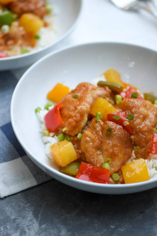 <p>So colorful and flavorful you won't miss the takeout. Get this <a href="https://www.fromvalerieskitchen.com/slow-cooker-sweet-and-sour-chicken/" rel="nofollow noopener" target="_blank" data-ylk="slk:Slow Cooker Sweet and Sour Chicken;elm:context_link;itc:0;sec:content-canvas" class="link rapid-noclick-resp">Slow Cooker Sweet and Sour Chicken</a> recipe!</p>