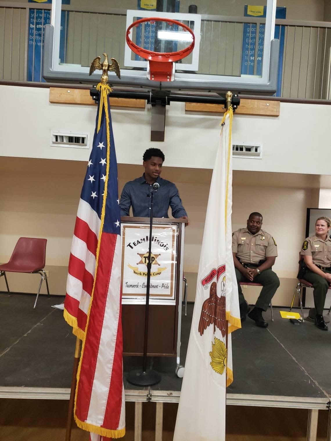 East St. Louis High School graduate and current Georgia Bulldogs football player Dominic Lovett addresses cadets at the Team Illinois Youth Police Camp graduation in 2022. This year’s camp will take place Sunday, July 16, through Saturday, July 22, at Principia College in Elsah, Illinois. Lovett himself is a graduate of the camp.