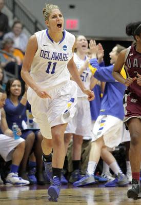 Delaware junior Elena Delle Donne and her teammates celebrate a 3-pointer during her 39-point, 11-rebound performance in the Hens' win over Arkansas-Little Rock in the opening round of the NCAA women's basketball tournament, March 18, 2012 at the Jack Stephens Center in Little Rock, Ark.