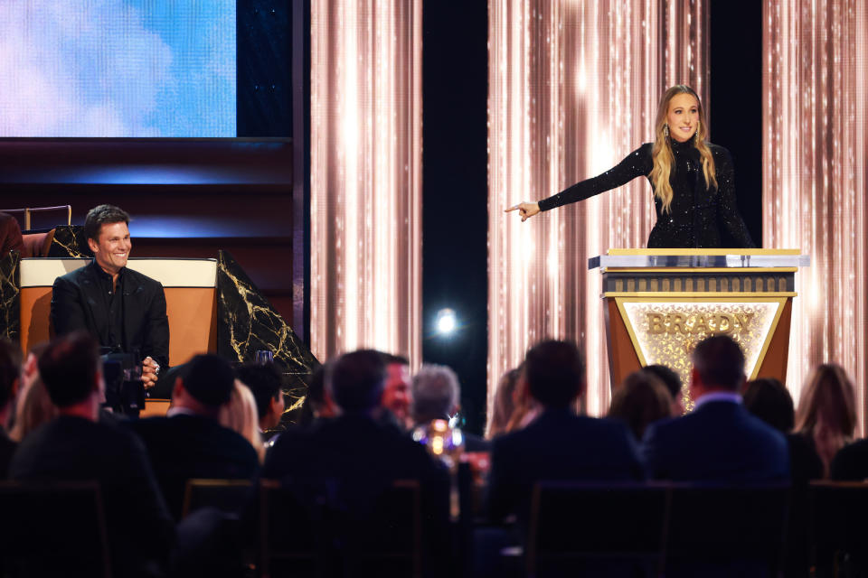 INGLEWOOD, CALIFORNIA - MAY 05: (L-R) Tom Brady and Nikki Glaser speak onstage during G.R.O.A.T The Greatest Roast Of All Time: Tom Brady for the Netflix is a Joke Festival at The Kia Forum on May 05, 2024 in Inglewood, California.  (Photo by Matt Winkelmeyer/Getty Images for Netflix)