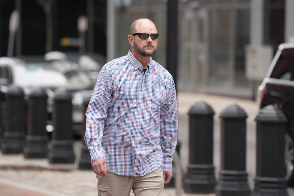 Jack Michael Teixeira, father of Massachusetts Air National Guardsman Jack Teixeira, arrives at federal court, Monday, March 4, 2024, in Boston. Jack Teixeira is accused of leaking highly classified military documents about Russia's war in Ukraine and other national security secrets. (AP Photo/Steven Senne)