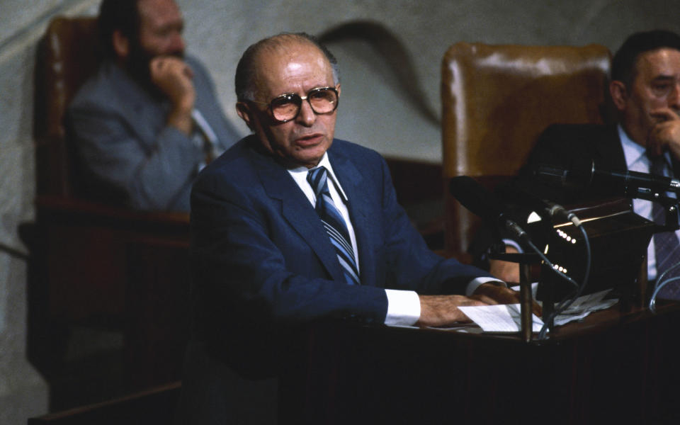 FILE - In this June 29, 1982, file photo, Israeli Prime Minister Menachem Begin speaks to Israeli Parliament members at the Knessett about the situation in Lebanon. (AP Photo/Castelnuovo, File)