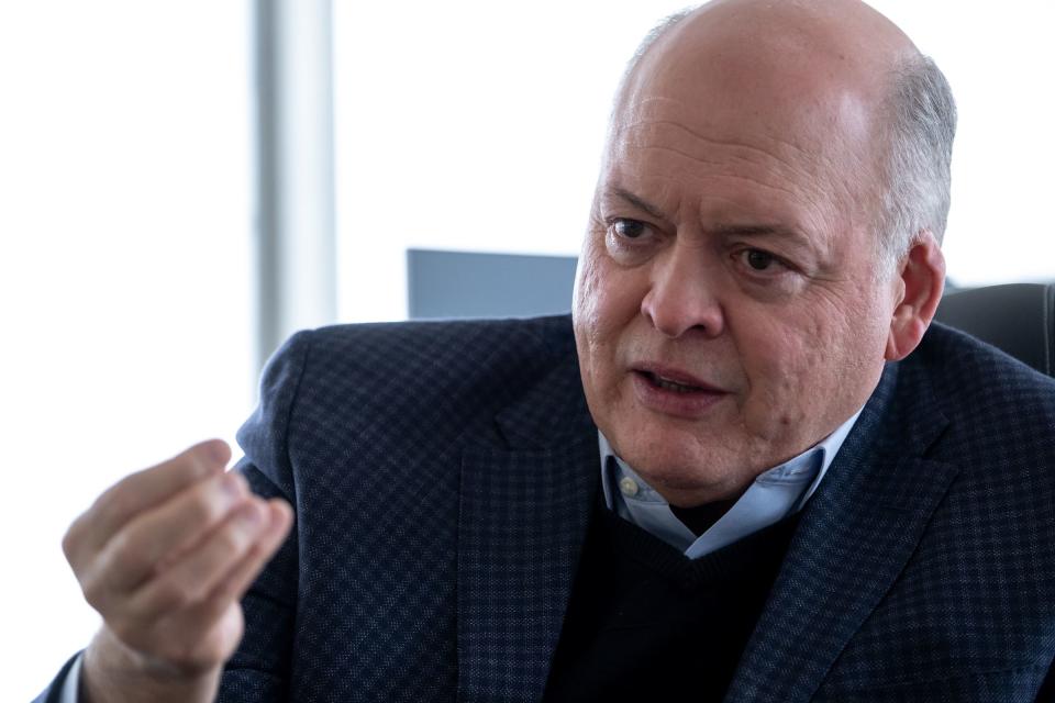 Ford Motor Company CEO Jim Hackett talks with reporter from Detroit Free Press in his office at the Henry Ford II World Center in Dearborn on Wednesday, February 20, 2019.